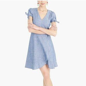 J Crew Factory Chambray Faux Wrap Dress Blue Sz 0 preppy summer classic casual